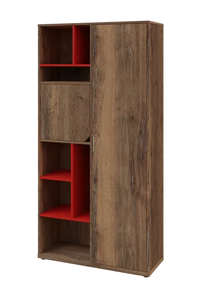 KSR6-83 P skříň šatní, 1x výsuvné ramínko, dvířka, niky, 2053x1022x400 mm, provedení pravé, korpus a dvířka dub halifax cínový/police červená